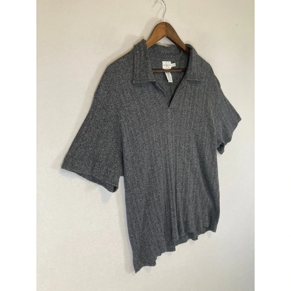 90s Aesthetic Calvin Klein Jeans Men XL Gray Ribbed Knit Short Sleeve Polo Shirt